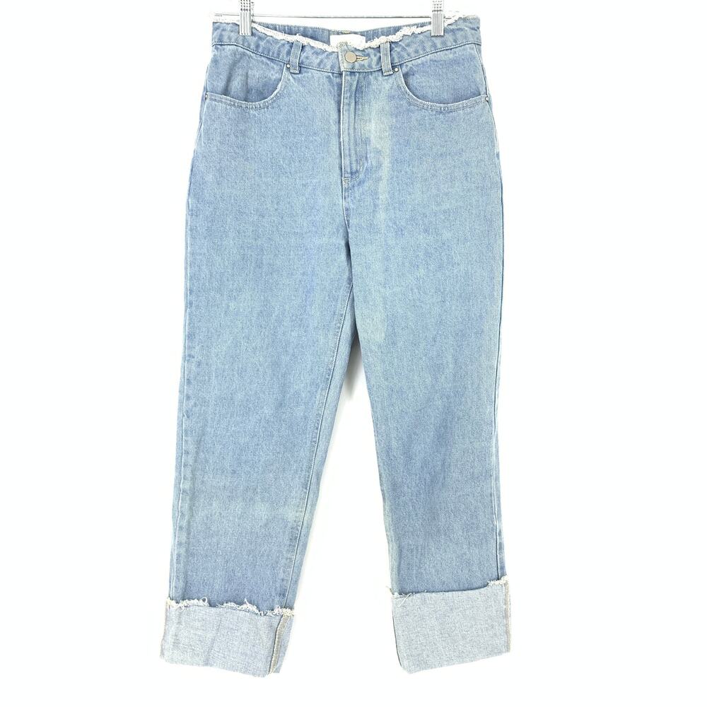 Oak + Fort Women's Size 27 High Rise Cuffed Straight Jeans Blue Light Wash